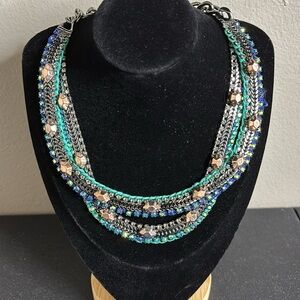 Stella & Dot Mercury Checker Necklace Blue Green Chrome Finish Boho Rhinestone‌‍